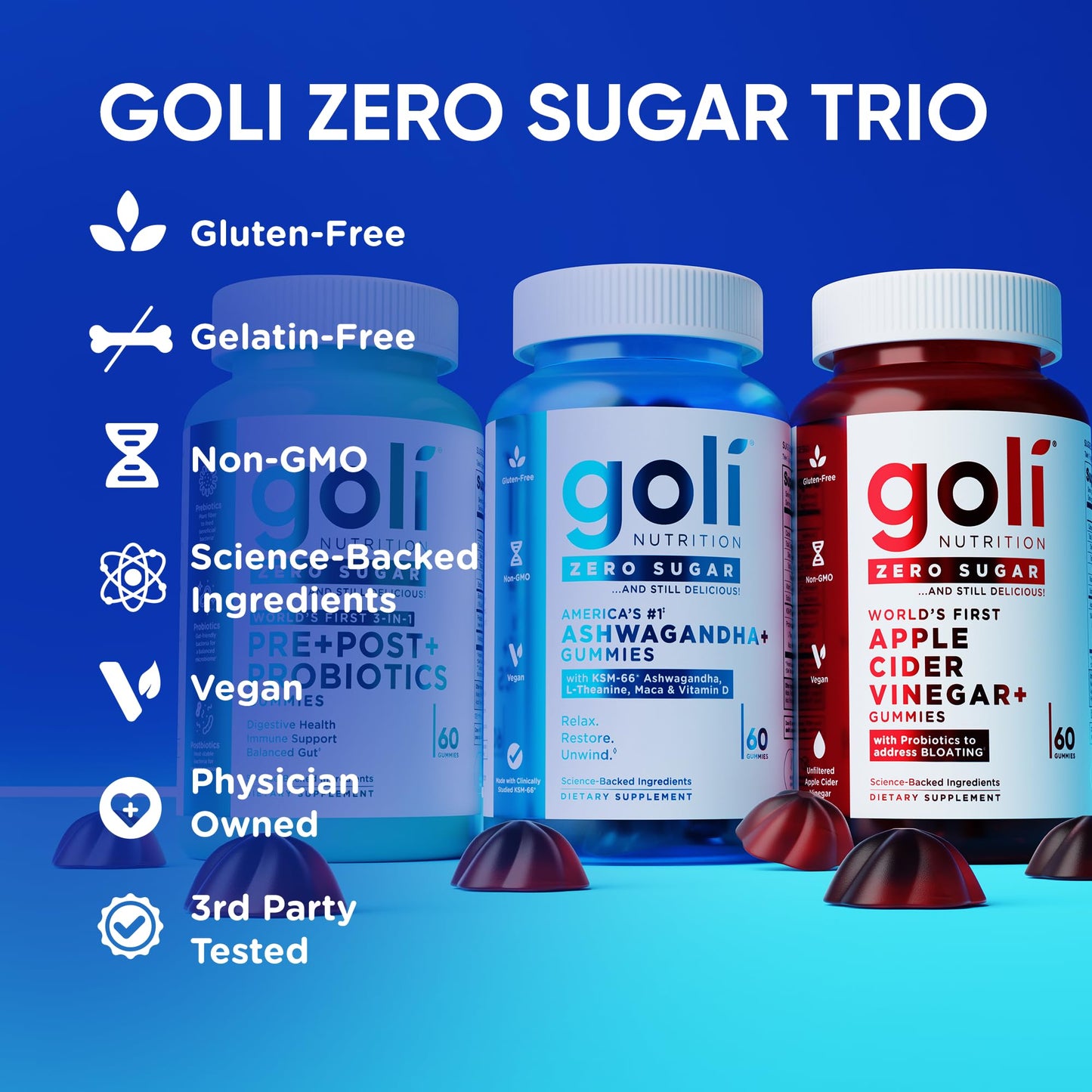 Goli Zero Sugar Trio - World's First 3-in-1 Pre, Post, Probiotic, Apple Cider Vinegar with Vitamin B12 and Probiotics, Ashwagandha & L-Theanine, Vitamin D Gummies, 180 Count (3-Bottle Set)