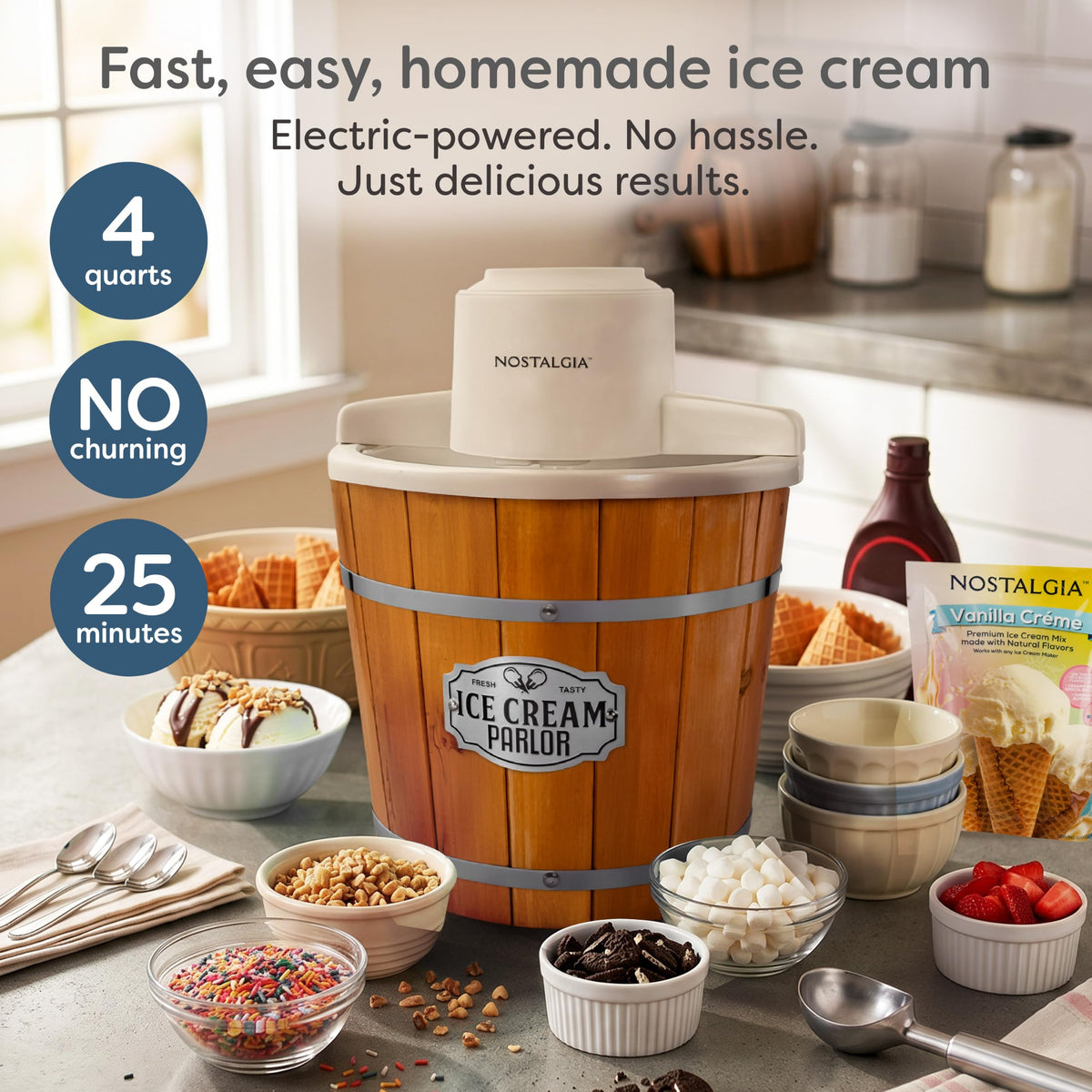 Nostalgia Electric Ice Cream Maker With 4 Qt Capacity- Old Fashioned Ice Cream Machine Makes Frozen Yogurt or Gelato in Minutes- Vintage Wooden Style Ice Cream Maker with Aluminum Canister- Light Wood