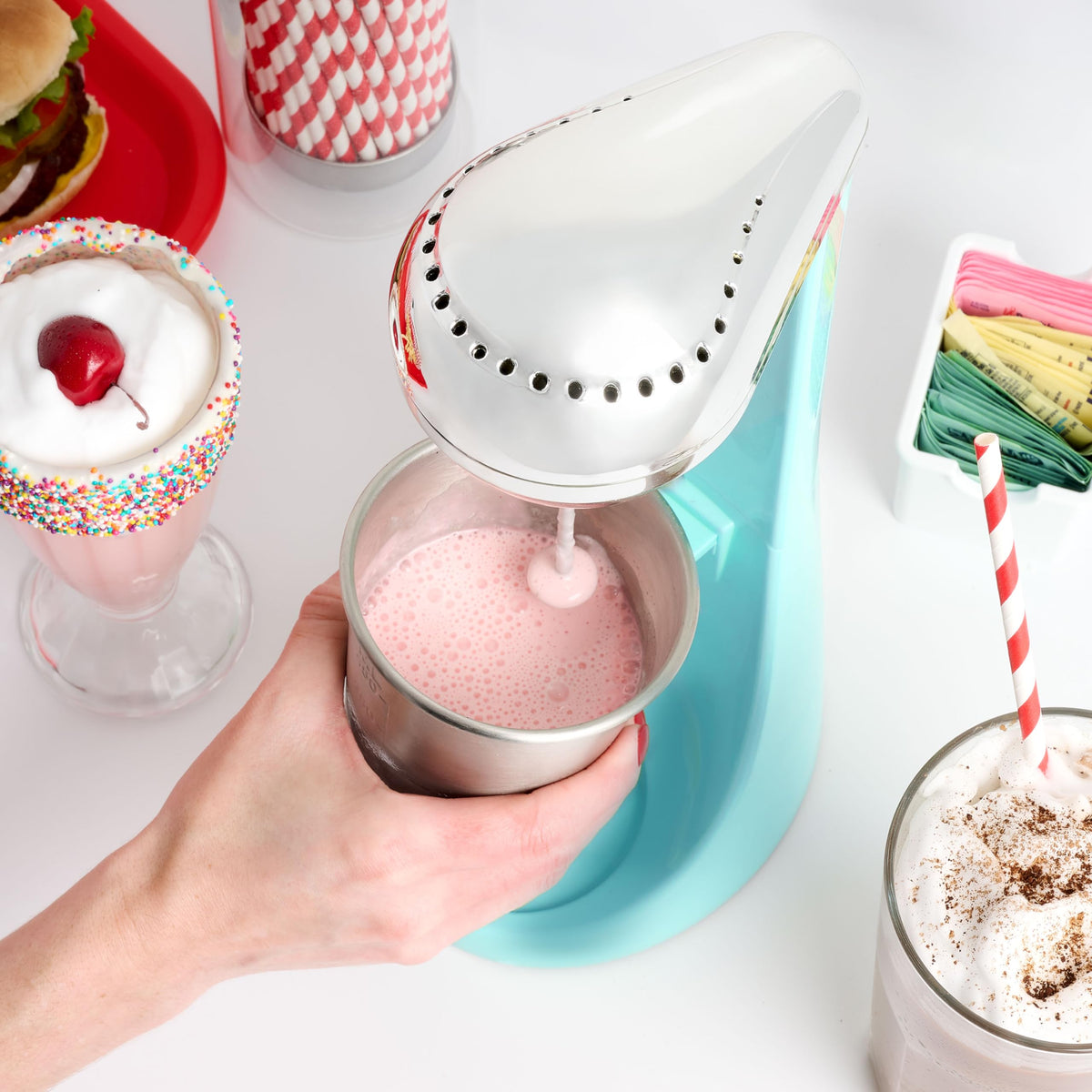 Nostalgia Two-Speed Electric Milkshake Maker and Drink Mixer, Includes 16-Ounce Stainless Steel Mixing Cup and Rod, Aqua