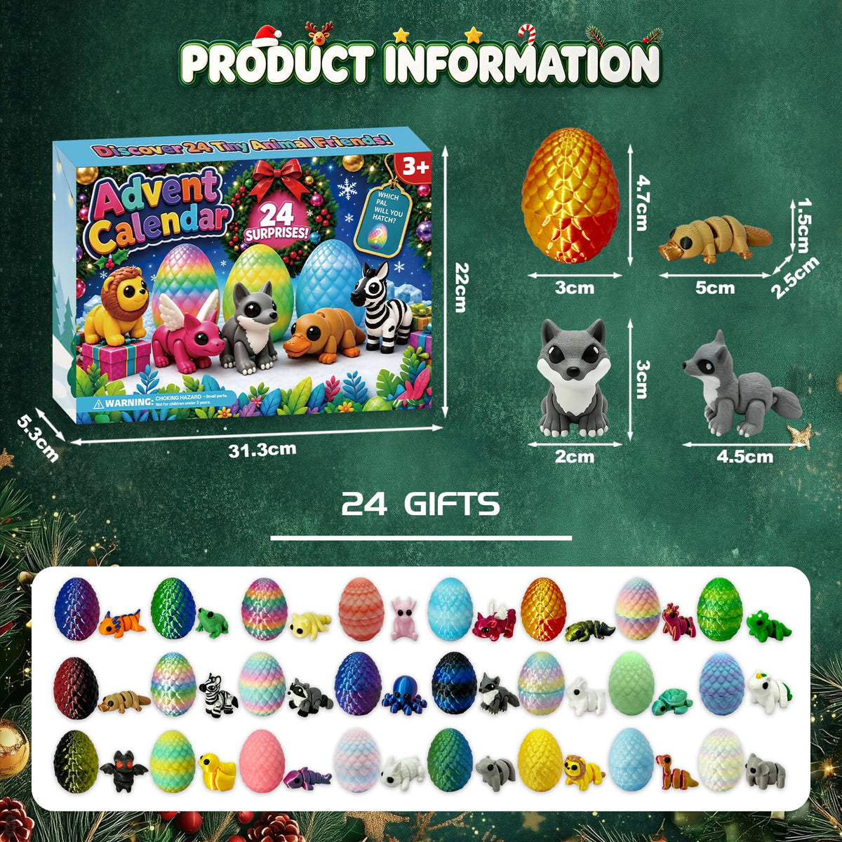 2026 Advent Calendar for Kids: 24days Countdown Calendar 24pack 3d-Printed-Eggs with 3d-Animals Toys, Gifts for Kids Boys Girls
