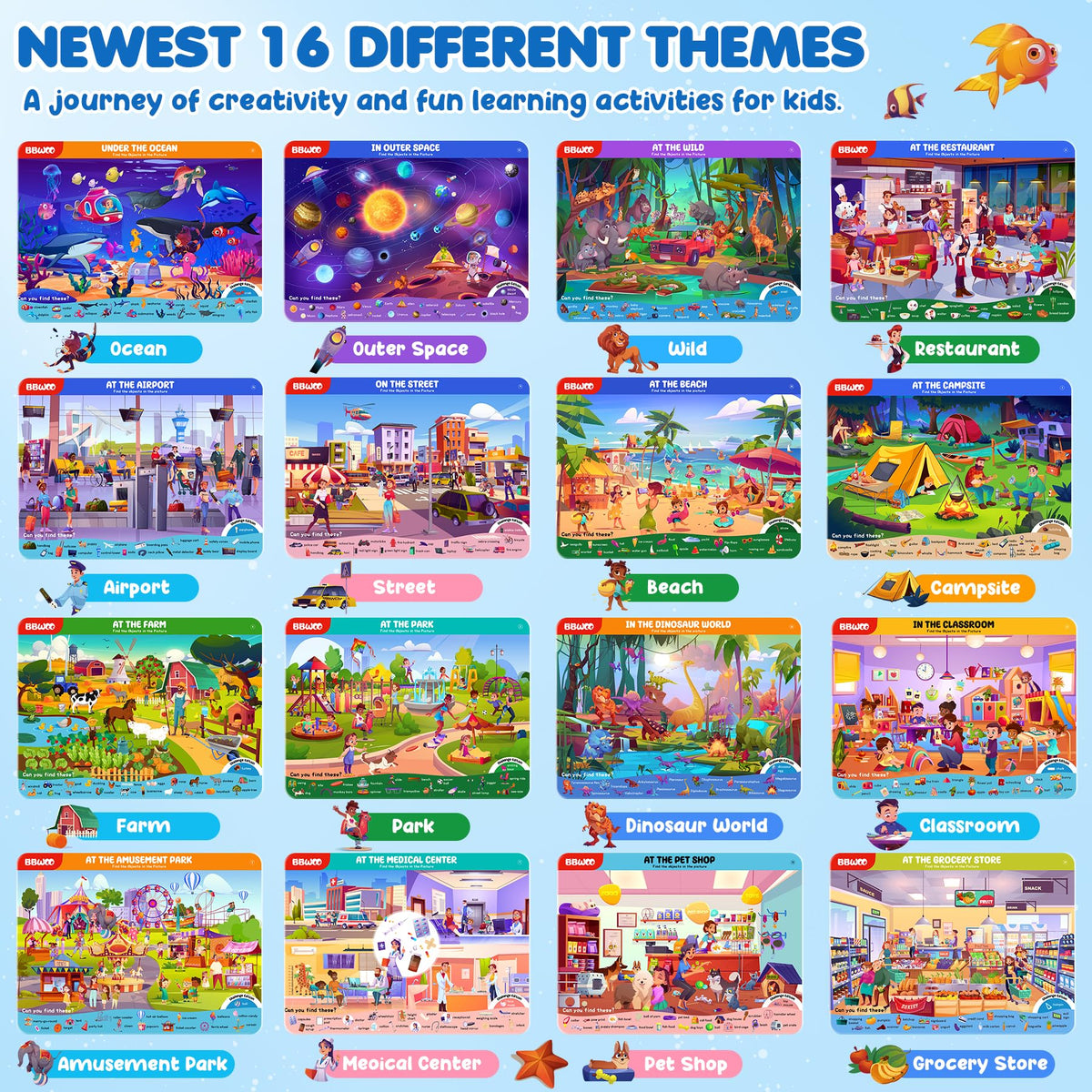 BBWOO Search and Find Activity Book, Reusable Travel Game Toys for Kids 3-8