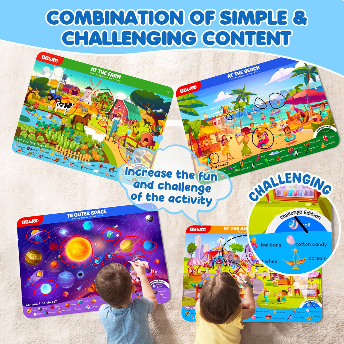 BBWOO Search and Find Activity Book, Reusable Travel Game Toys for Kids 3-8