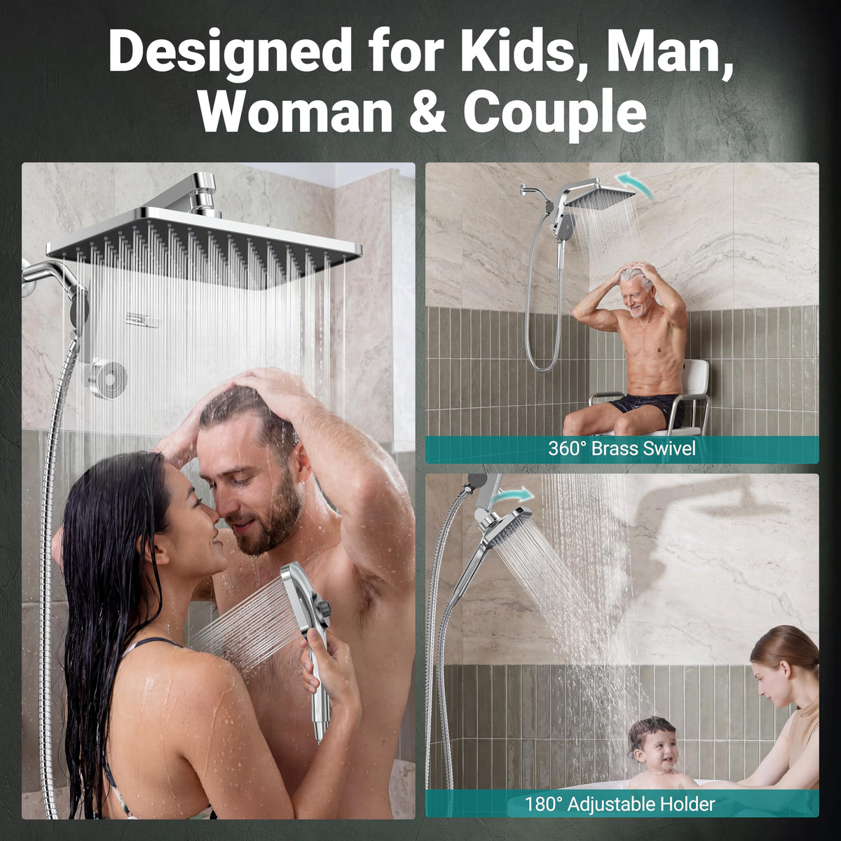 KOSNEW® 12" XXL Rainfall Shower Head with Handheld Combo, Chrome Polished