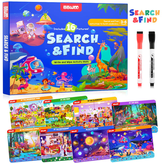 BBWOO Search and Find Activity Book, Reusable Travel Game Toys for Kids 3-8