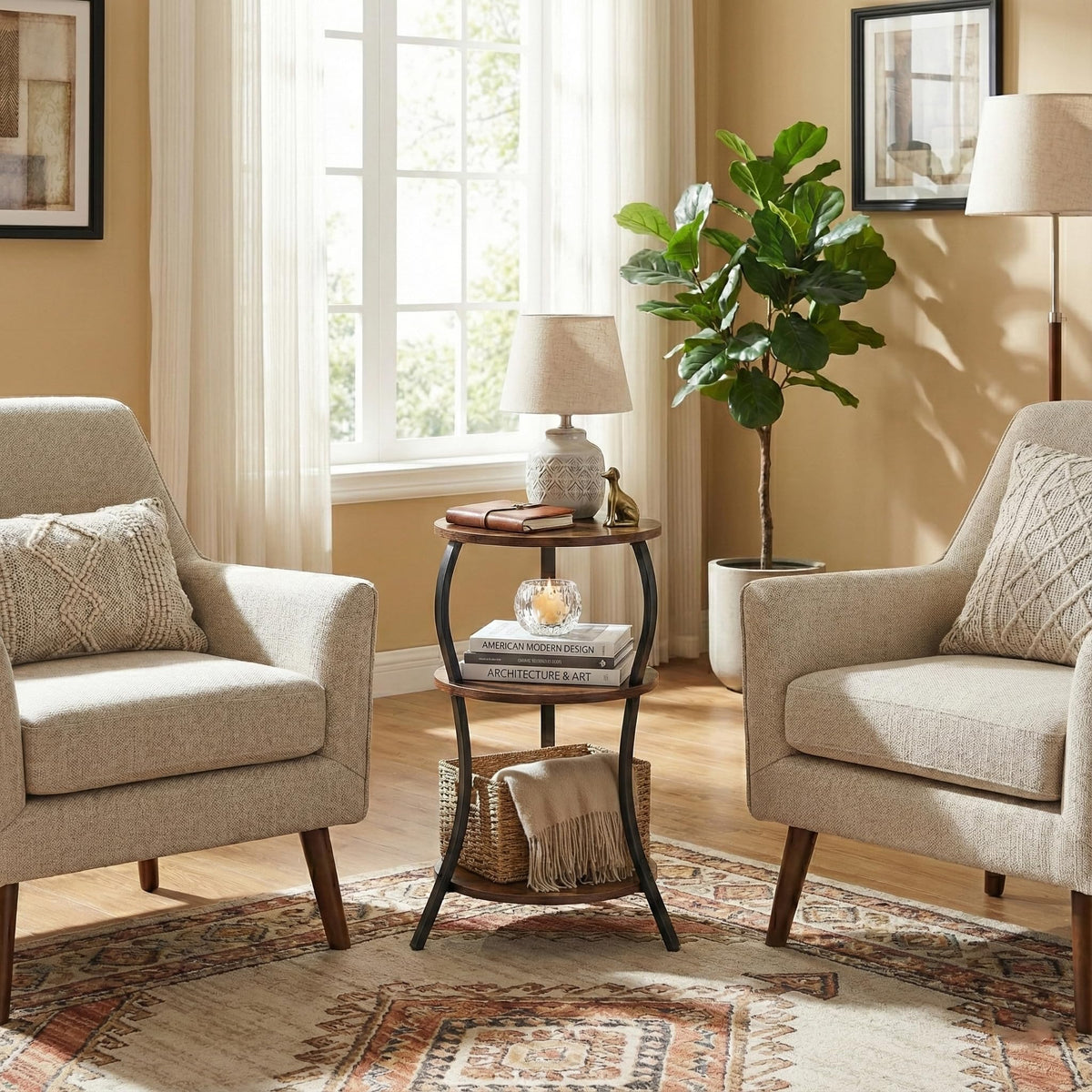 YEAKOO Vintage Small Round Side Table,3-Tier End Table for Small Spaces