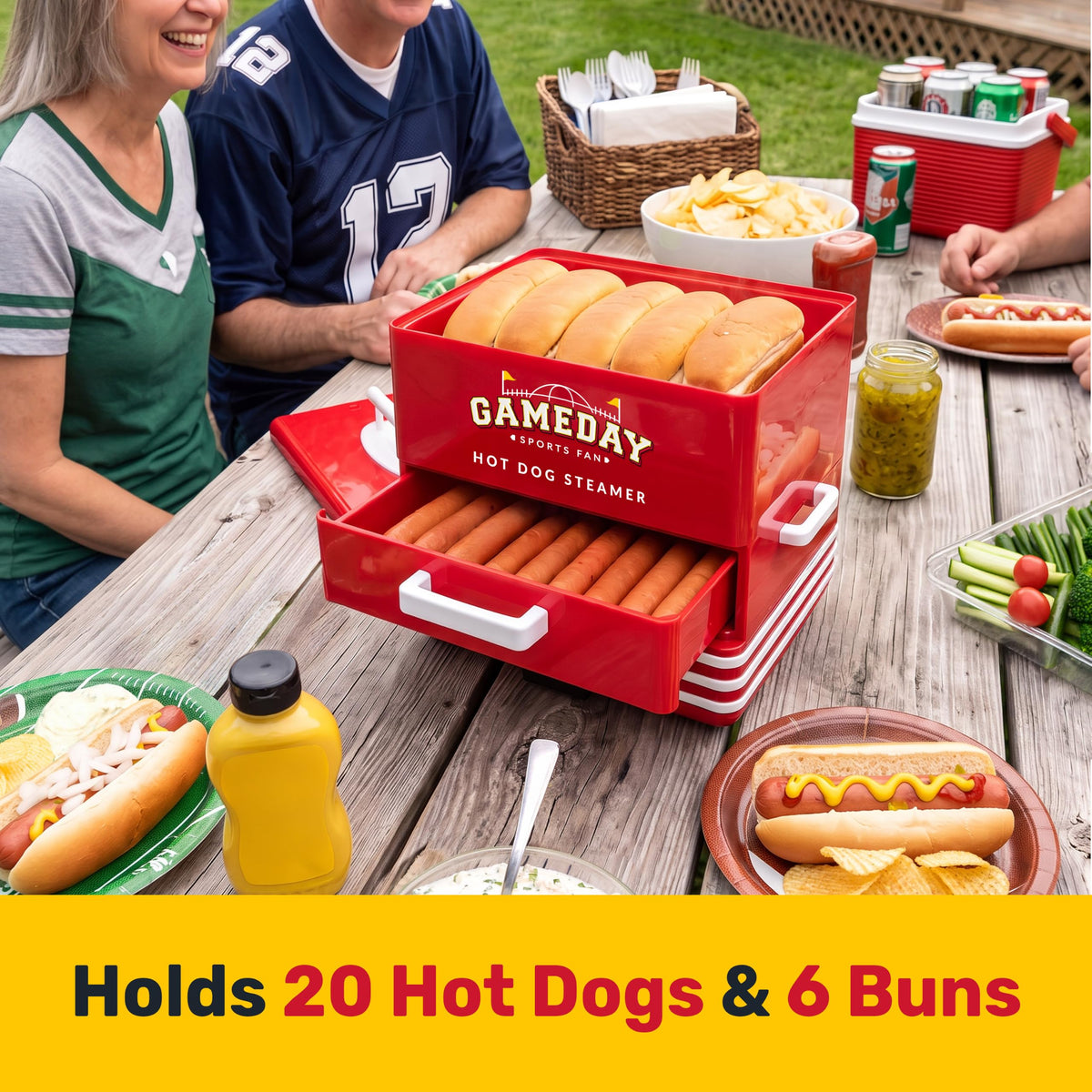 Nostalgia, Game Day Hot Dog Steamer and Bun Warmer, Fits 20 Dogs and 8 Buns, Steams Pot Stickers, Veggies, Potatoes, and Other Appetizers or Toppings