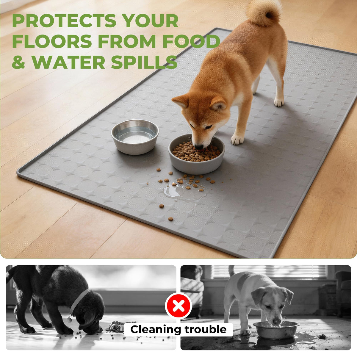 TCULOSD Extra Large 34x22 Inch Machine Washable Silicone Pet Food Mat - Waterproof Dog & Cat Bowl Mat with Raised Edge, Non-Slip Floor Protector for Large Dogs, Multi-Pet Homes (Grey)