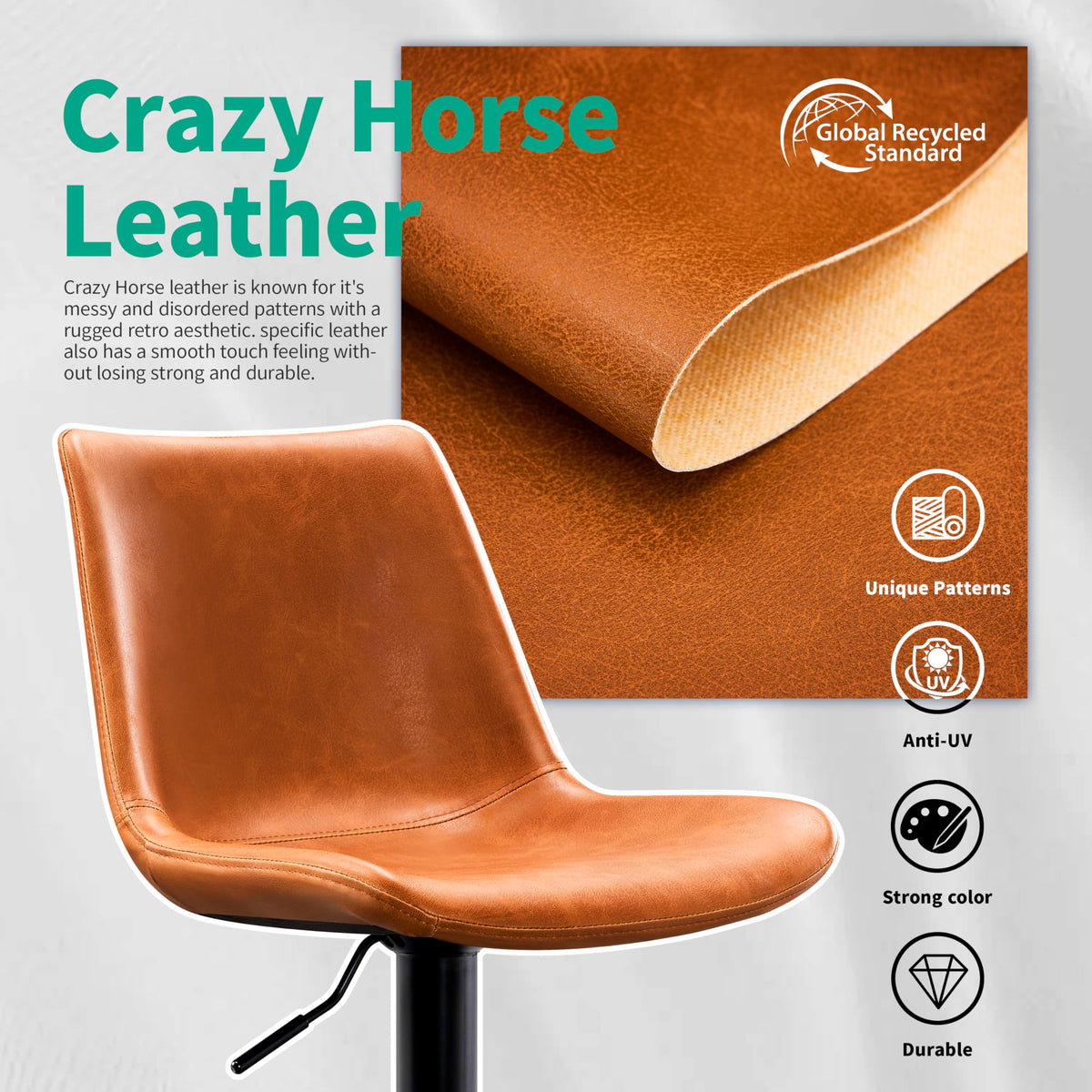 STOOLINK Vintage Bar Stools Set of 2, Crazy Horse Leather Bar Chairs