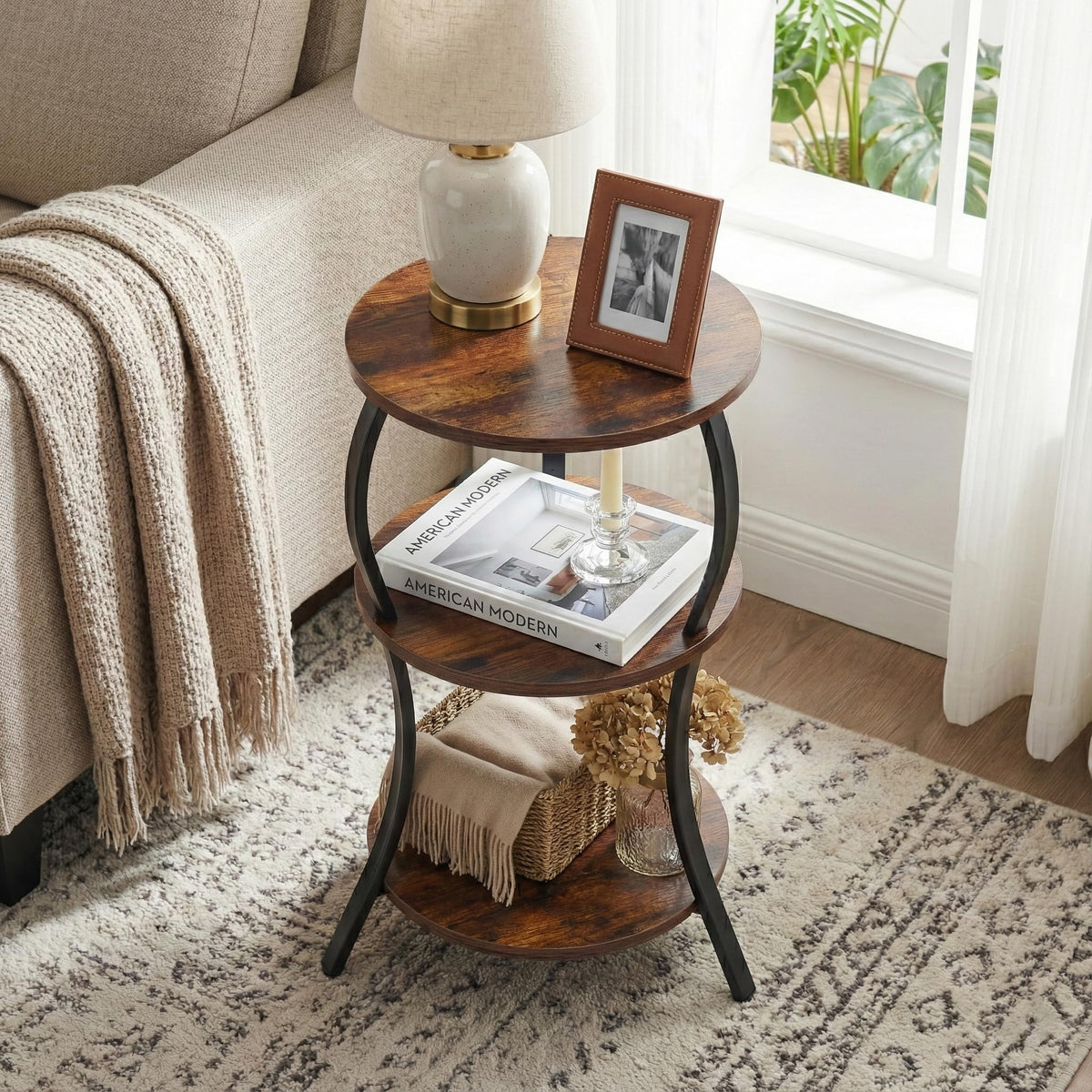 YEAKOO Vintage Small Round Side Table,3-Tier End Table for Small Spaces