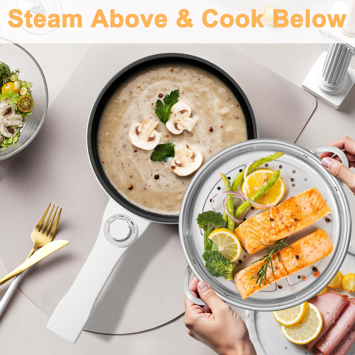 Dezin Electric Pot with Steamer, 1.5L Non-Stick Portable Hot Pot Electric