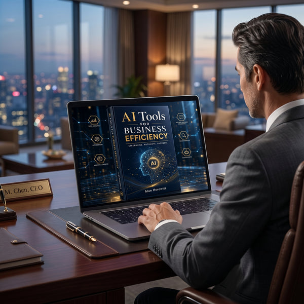 Executive in a city-view office reading the AI Tools for Business Efficiency e-book on a laptop