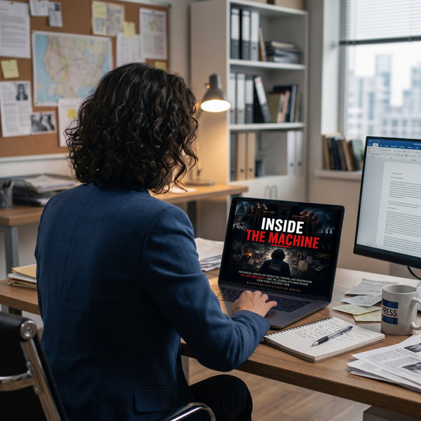 Journalist at her desk reading the Inside the Machine e-book on a laptop