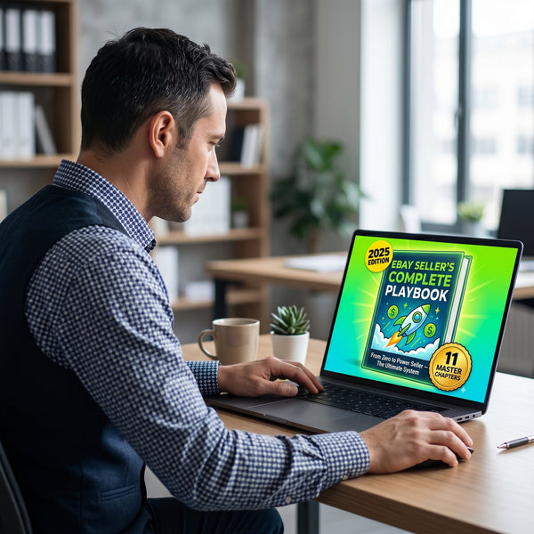 Man at his desk reading the eBay Seller's Complete Playbook e-book on a laptop