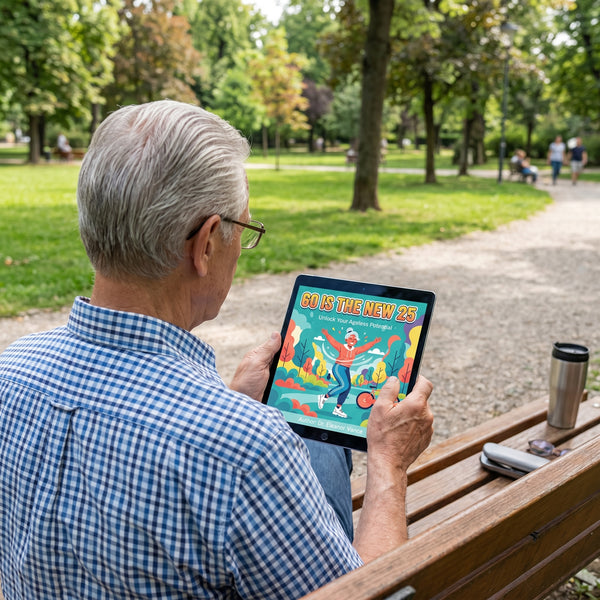 Senior man on a park bench reading the 60 Is the New 25 e-book on a tablet