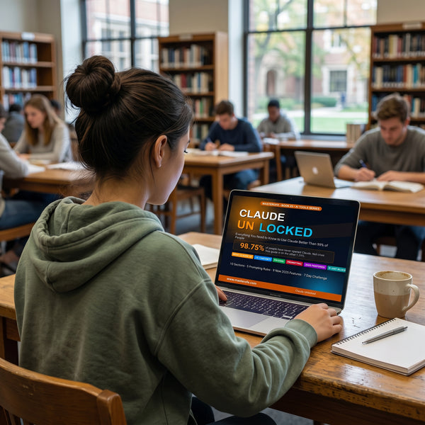 University student in a library reading the Claude Unlocked e-book on a laptop