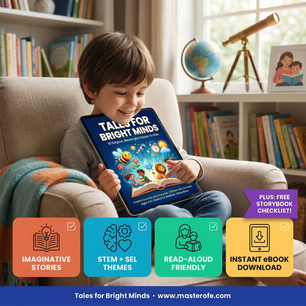 Child smiling while reading the Tales for Bright Minds kids story e-book on a tablet