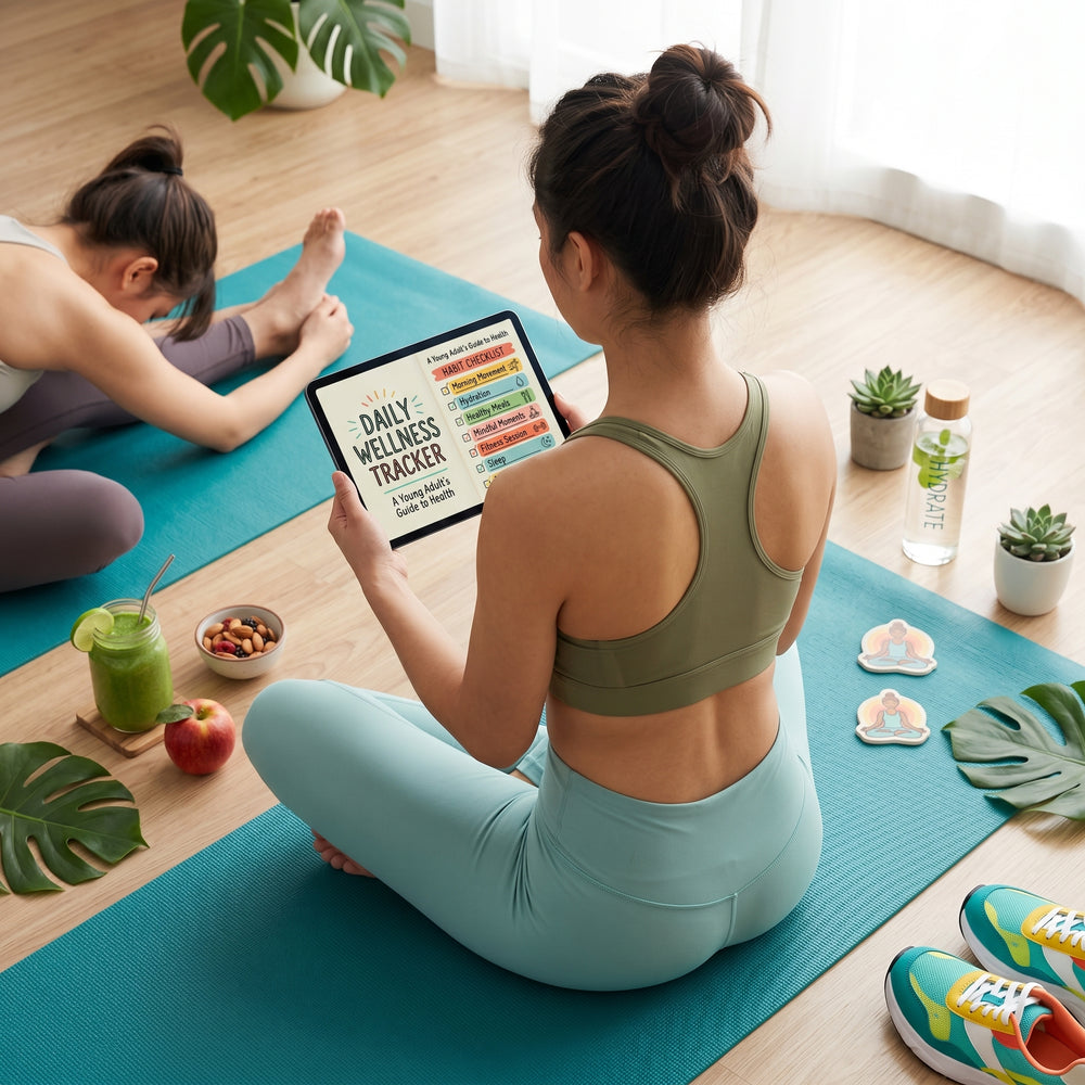 Woman on a yoga mat reading the Daily Wellness Tracker e-book on a tablet